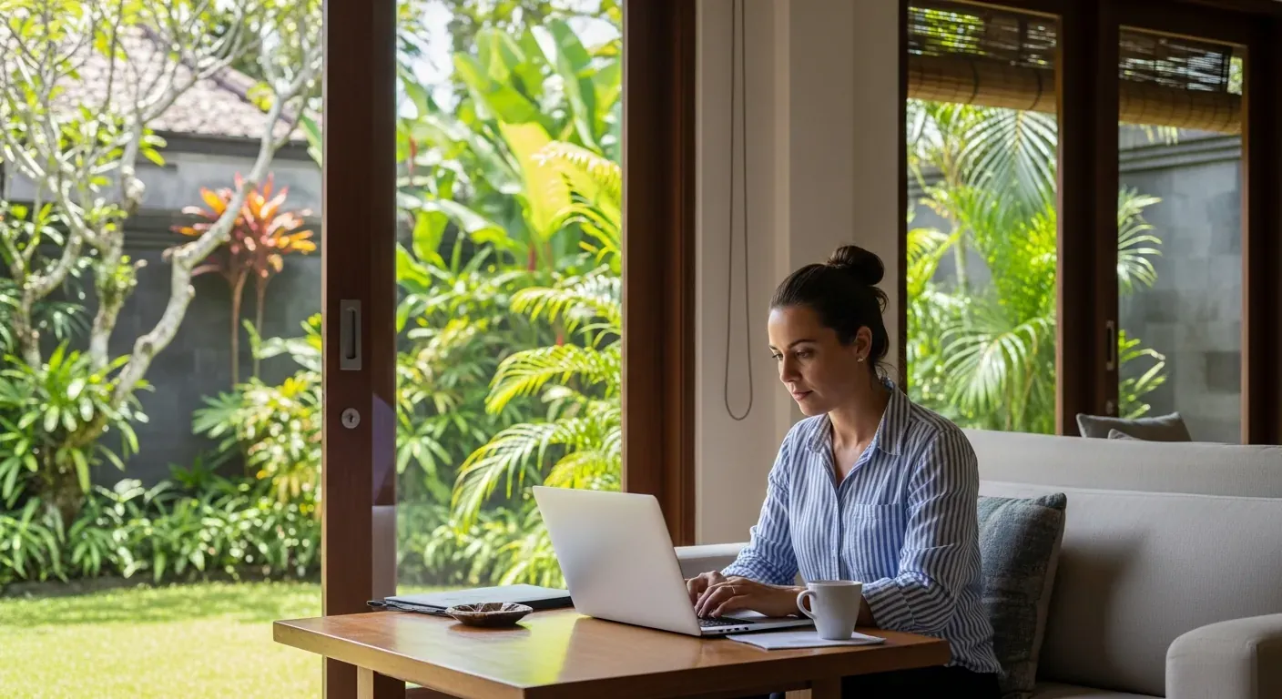Woman working on a laptop in a modern Bali villa overlooking a tropical garden