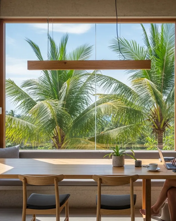 Palm trees seen through a large window in a Bali co-working villa